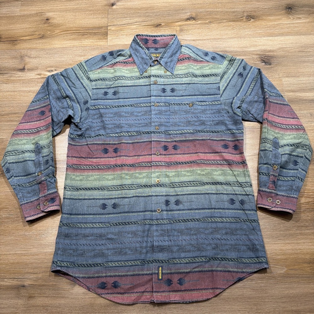 Woolrich Men's MEDIUM Navajo South Western Blue Red Green Ombré Flannel Shirt